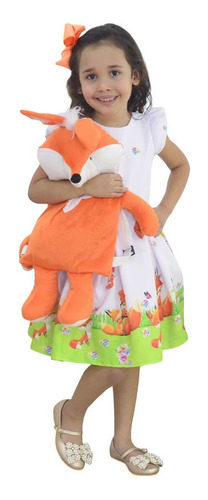 Vestido Infantil Tema Raposa + Raposinha Pelúcia Bolsa