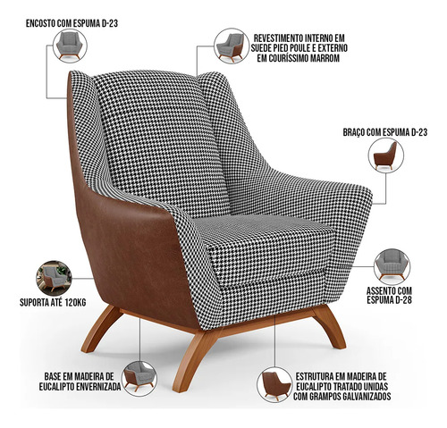 Poltrona Decorativa Base Em Madeira Juliet D02 Courissímo Marrom B-38 Pied Poule