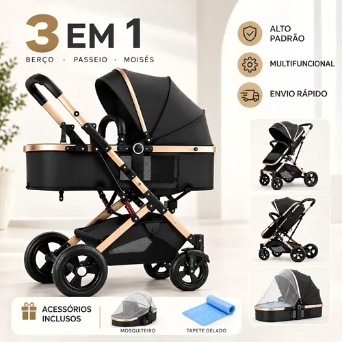 Carrinho De Bebê 3 Em 1 Reclinável Berço Preto Dourado Preto