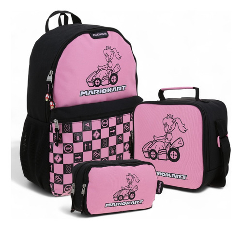 Kit Mochila+lonchera+lapicera Mario Bros Peach Gogo 2025 Negro Liso