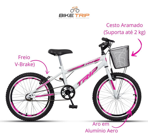 Bike Trip Aro 20 Menina Com Cesta E Descanso Lateral Cor Branco Tamanho do quadro M