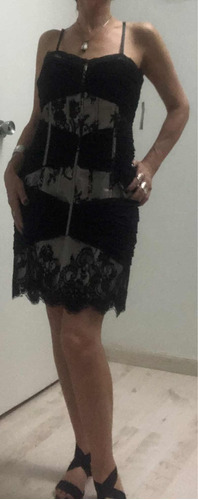 Vestido Mujer Fiesta Encaje Gasa Negro Forrado En Raso Visón