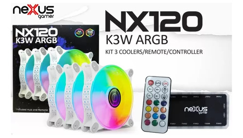Kit Cooler Fans 3 Unidades Nexus Gamer Nx120 K3w Argb Branco