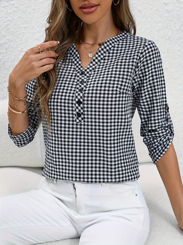 Camisa De Mujer Con Estampado De Cuadros Suave Y Suelta