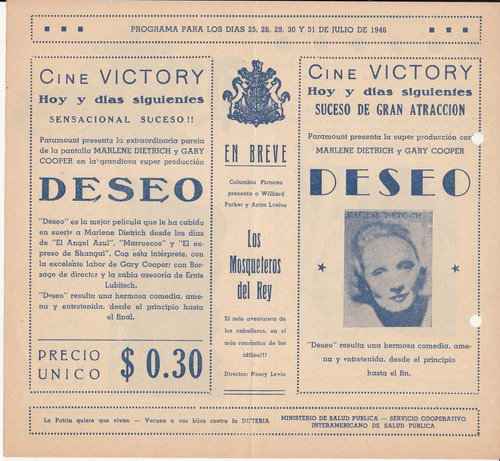 1946 Programa Cine Victory Marlene Dietrich Y Gary Cooper