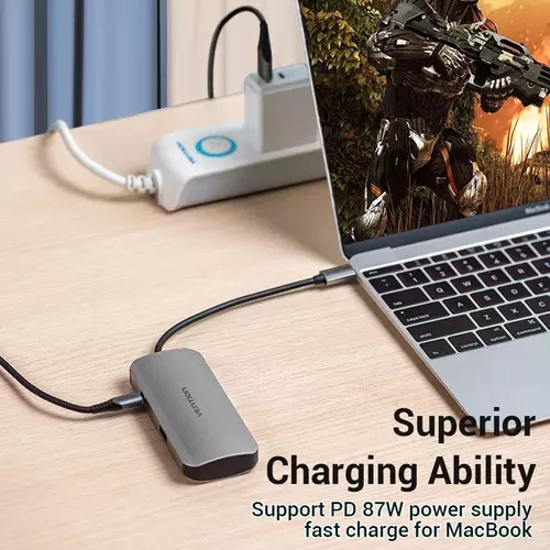 "Hub USB Multipuerto Vention - 6 en 1 - Usb C A HDMI + VGA + 3 Puertos Usb 3.0 + Power Delivery 100W USB C - 4K 30Hz - Carcasa Aluminio - 15 CM - Premium Para PC / Mac / Laptop - TOIHB"