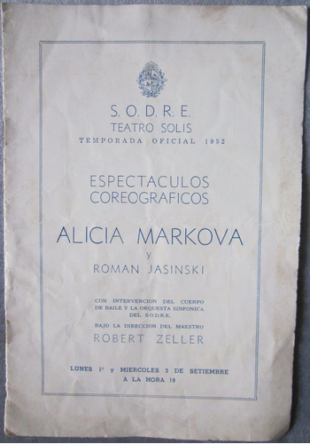 Antiguo Boletin Alicia Markova Sofre Teatro Solis