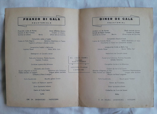 Antiguo Menu Barco Societá Navigazione Genova 2da Clase 1958 (Usado)