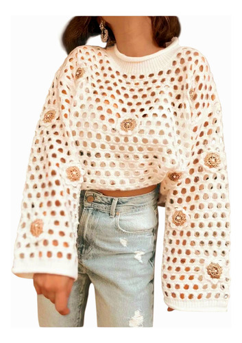 Sweater Calado K-lipso Con Rosetas En Crochet