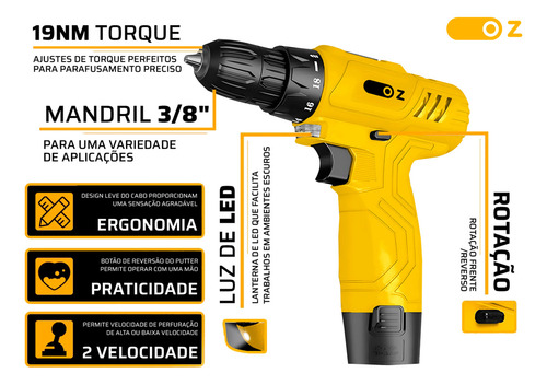 Combo Furadeira Parafusadeira Sem Fio 12V 3/8" Oz + Chave Impacto A Bateria 21V 4000mAh Com Maleta e Carregador 110v/220v Oz