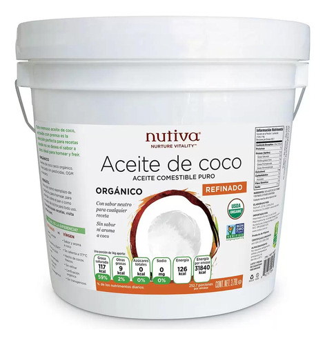 Aceite De Coco Orgánico Cubeta 3.79 Kg Nutiva Puro
