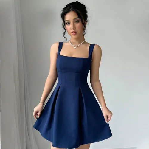 Vestido Halter Color Sólido Mujer Cintura Alta Fiesta