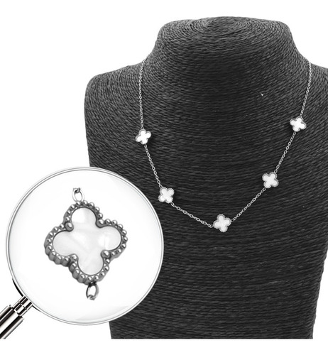 Collar Nacar Cinco Flores Trebol 45cm C:10943 Blanco