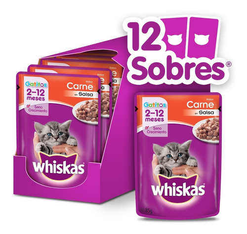 Whiskas Alimento Húmedo Gatitos Carne Salsa Sobre 12un