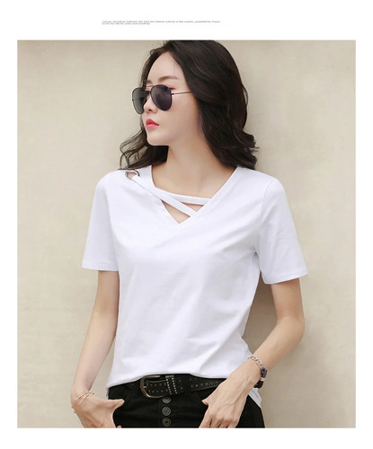 Camiseta De Manga Corta Con Cuello En V Para Mujer