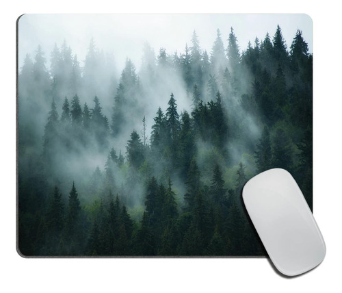 Misty Forest Mouse Pad, Nature Pine Trees Scenic Foggy Mo