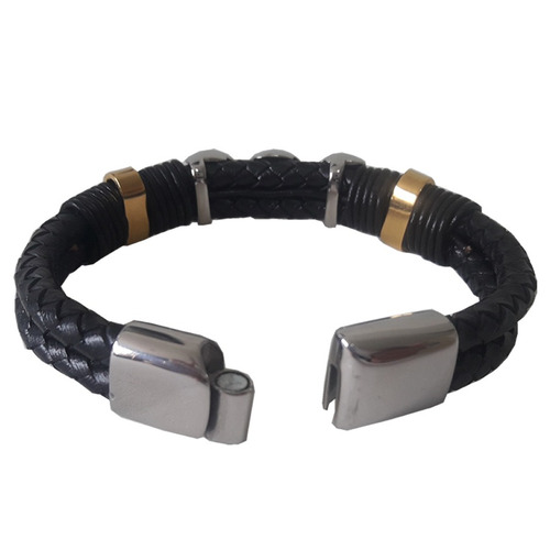 Pulseira Masculina Em Couro E Aço Fecho Imã Modelo Fashion