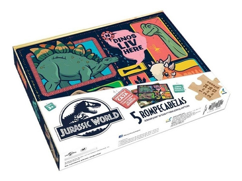 Rompecabezas Caja De Madera 5 En 1 Jurassic World 80 Piezas