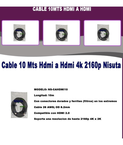 Cable Hdmi 10mts Nisuta 4k Filtro