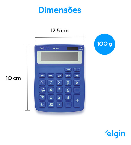 Calculadora Elgin De Mesa 12 Dig Comercial Mv4125 Azul
