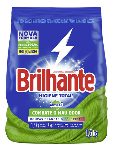 Lava-Roupas Pó Roupas Brancas e Coloridas Brilhante Higiene Total Antibac Pacote 1,6kg
