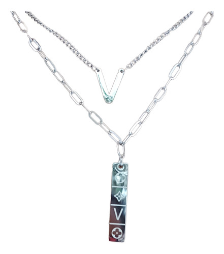 Collar Acero Inoxidable Plateado Multicapa Placa V