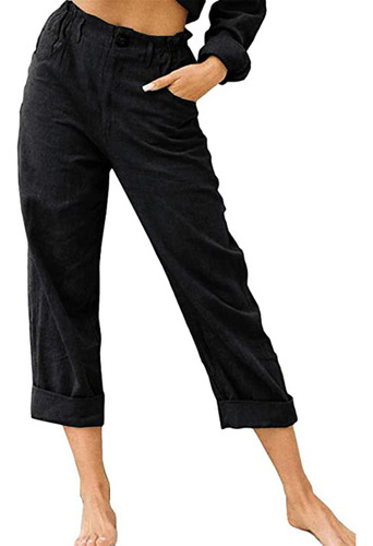 Pantalones F Para Mujer, Color Liso, Bolsillos, Elástico Y C