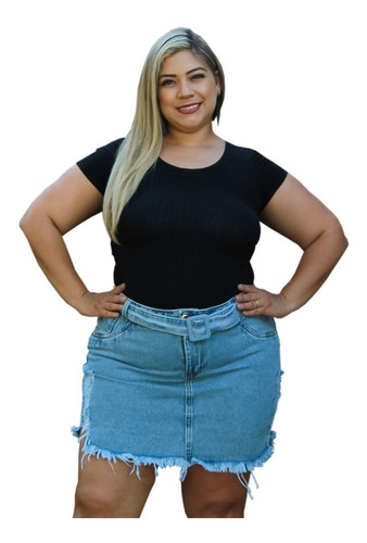 Saia Jeans Plus Size Feminina Curta Cinto E Fivela Encapada