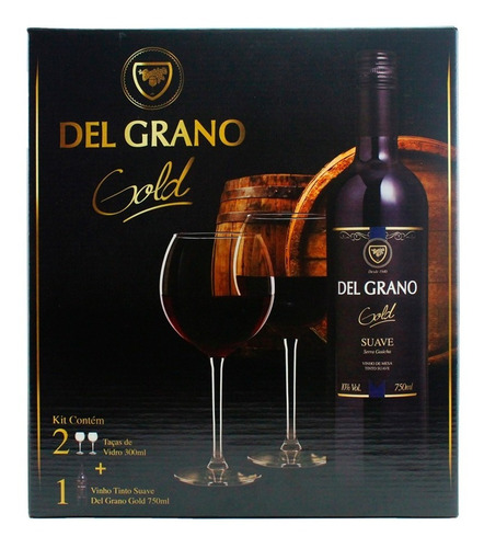 Imagem 2 de 4 de Kit Vinho Tinto Del Grano Gold Suave 750ml + 2 Taças Vidro
