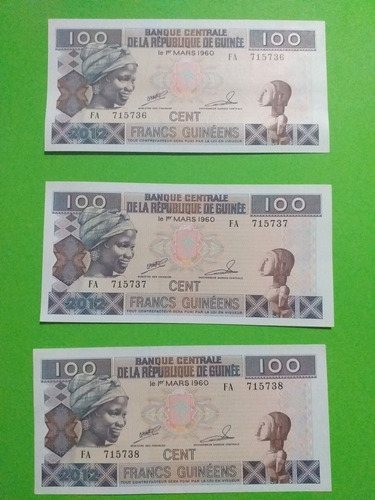 Imagen 1 de 2 de Tres  Billetes Consecutivos Unc República Guinea, Año 1960.