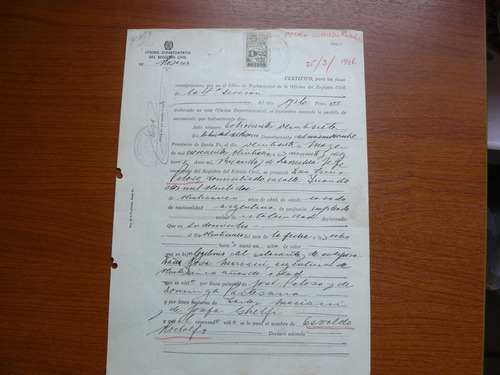Papel Antiguo De Registro Civil De Santa Fe -  Fiscal - 1940