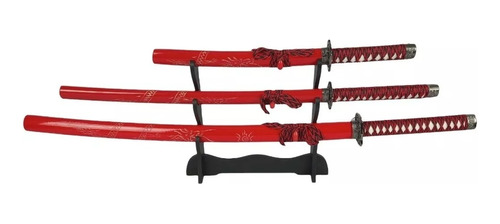 Kit 3 Espadas Katana Samurai Decoração Ornamento Red Dragon 