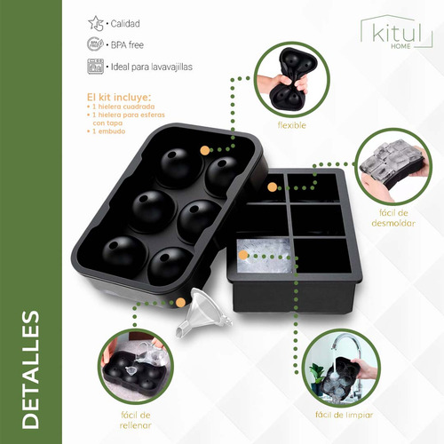 Kit 2 Moldes Refrigerador Hielo Forma Esfera/cubo Grande Color Negro