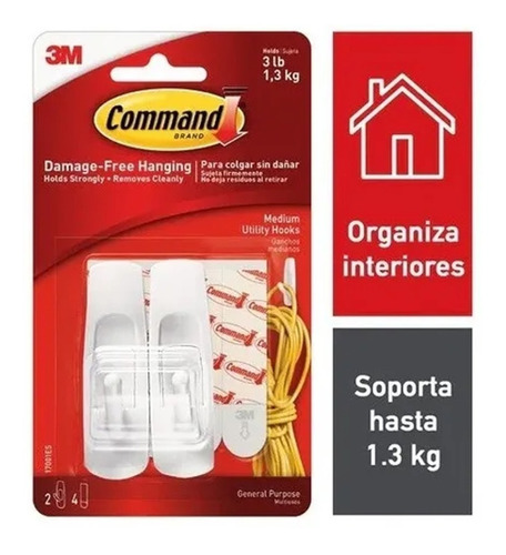 Pack (x2) 3m Command Gancho Multiuso Mediano Autoad. Blanco 