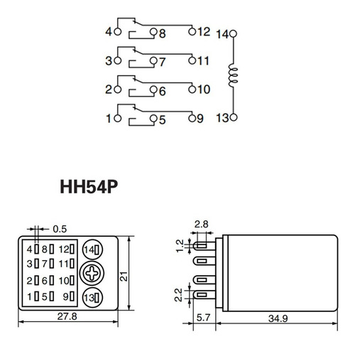 Relé Eletromecânico 12v 5a 4na/nf 14 Pinos Hh54pl