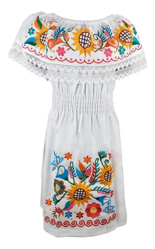 Vestido Mexicano Artesanal Bordado Flores Para Niña Típico 