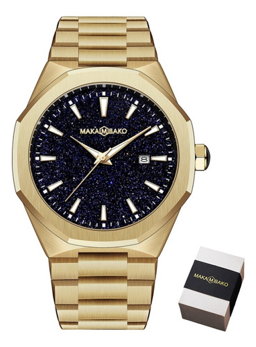 Reloj de pulsera Makambako MR-5441 de cuerpo color negro, analógico, para hombre, con correa de acero inoxidable color dorado y mariposa