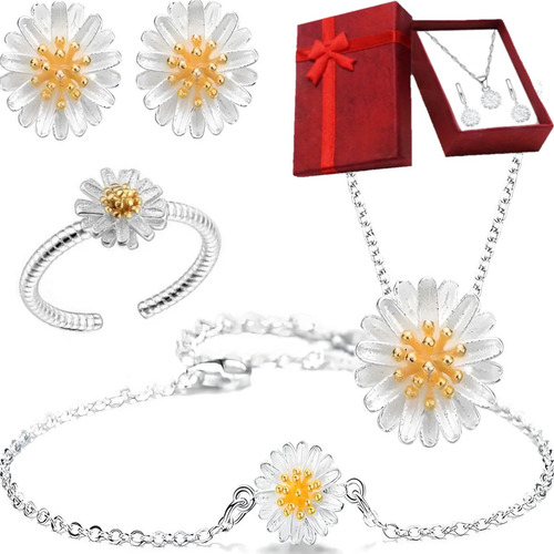 Conjunto Plata 925 Collar Anillo Pulsera Aros Mujer Joya