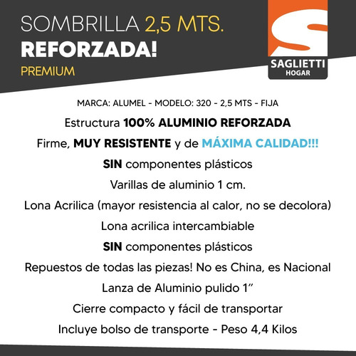 Imagen 3 de 8 de Sombrilla Super Reforzada 2,5 Metos Lona Aluminio Alumel