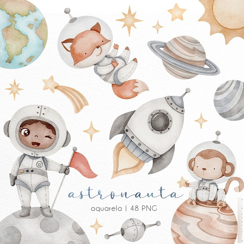 Kit Imagenes Png Cliparts Astronauta Espacio Acuarela 02