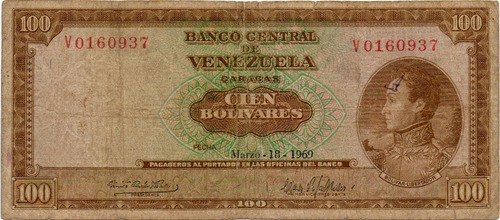 Billete 100 Bolívares 18 De Marzo 1969 Serial V7