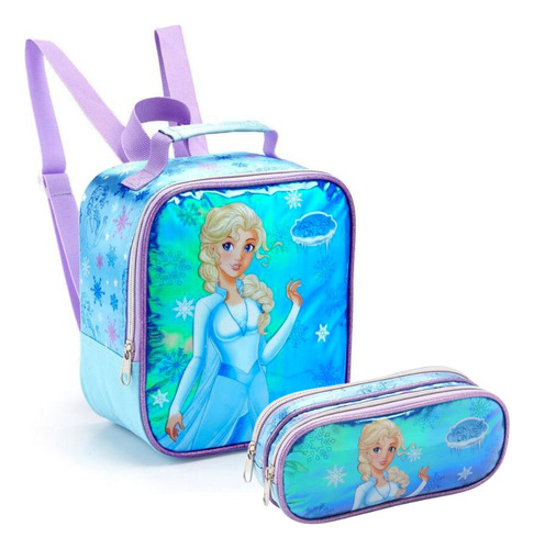 Conjunto Lancheira Termica Escolar Com Estojo Duplo Frozen Cor Azul-celeste Frozen Elza