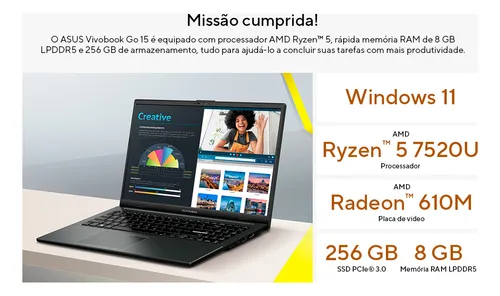 Notebook Asus Vivobook Go 15 E1504, Amd Ryzen 5 7520u 2,8 Ghz, 8gb Ram, 256gb Ssd, Windows 11 Home, Tela 15,6  Fhd, Black - E1504fa-nj825w Preto
