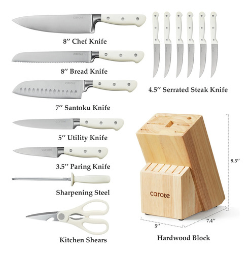 Juego De Cuchillos Carote Blancos 14 Piezas Base De Madera