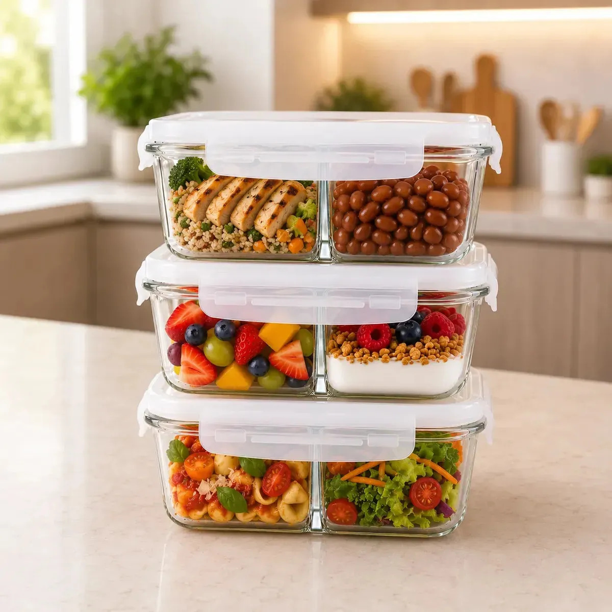 Kit De 3 Potes Vidro 640ml Com Divisória Hermético Refratário Com Tampa E Trava Marmita Fit Forno Alimento Microondas