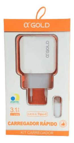 Kit Carregador Rápido Bivolt Tipo C - A'gold C/ Cabo 1 Metro Cor Branco