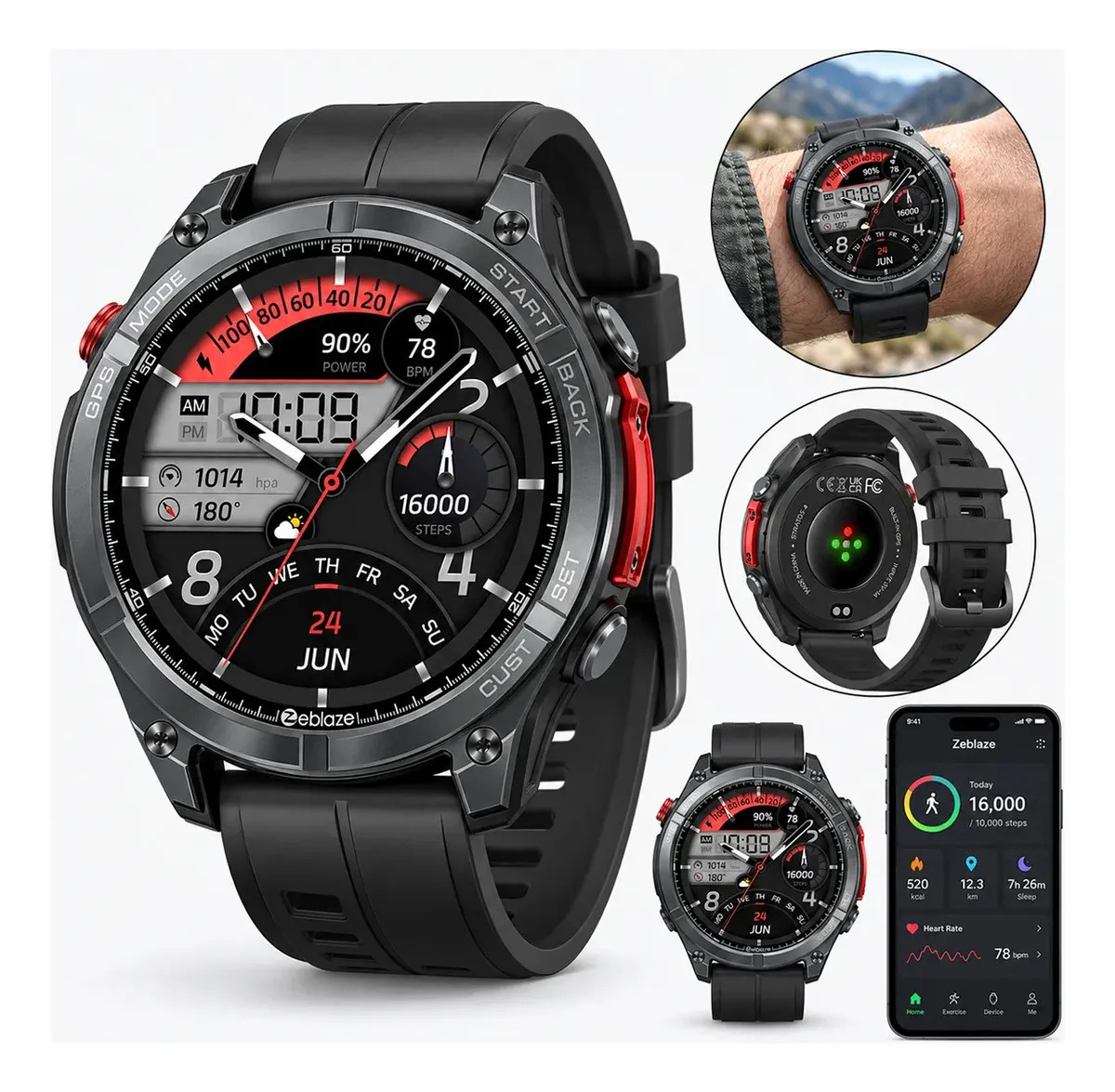 Relógio Smartwatch GPS e GNSS Zeblaze Stratos 4 Tela AMOLED 1,43'' À Prova D'água 5ATM IP69K com Chamadas Bluetooth,Lanterna LED,Monitor Cardíaco SpO2,170 Modos Esportivos,Android iOS Preto Original