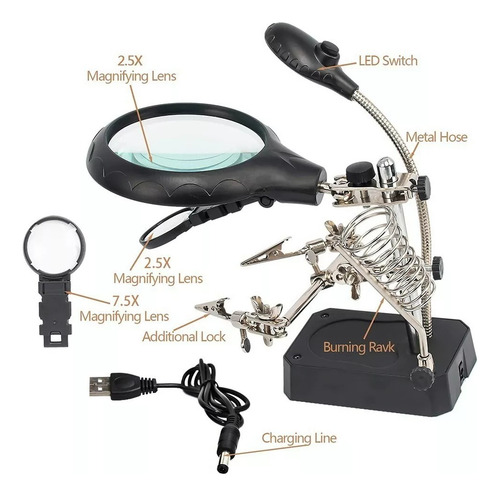 Lupa Con Luz Led Pinza Base Para Cautin Reparar Soldadura