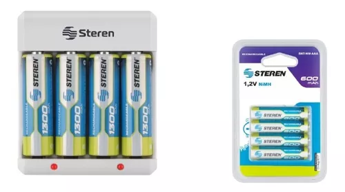 Cargador de pilas Steren compatible con baterías AA, AAA y 9V