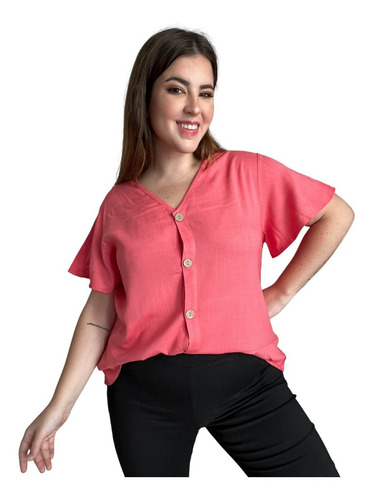 Imagen 3 de 5 de Blusa De Lino Con Botones Mujer Talle Grande.